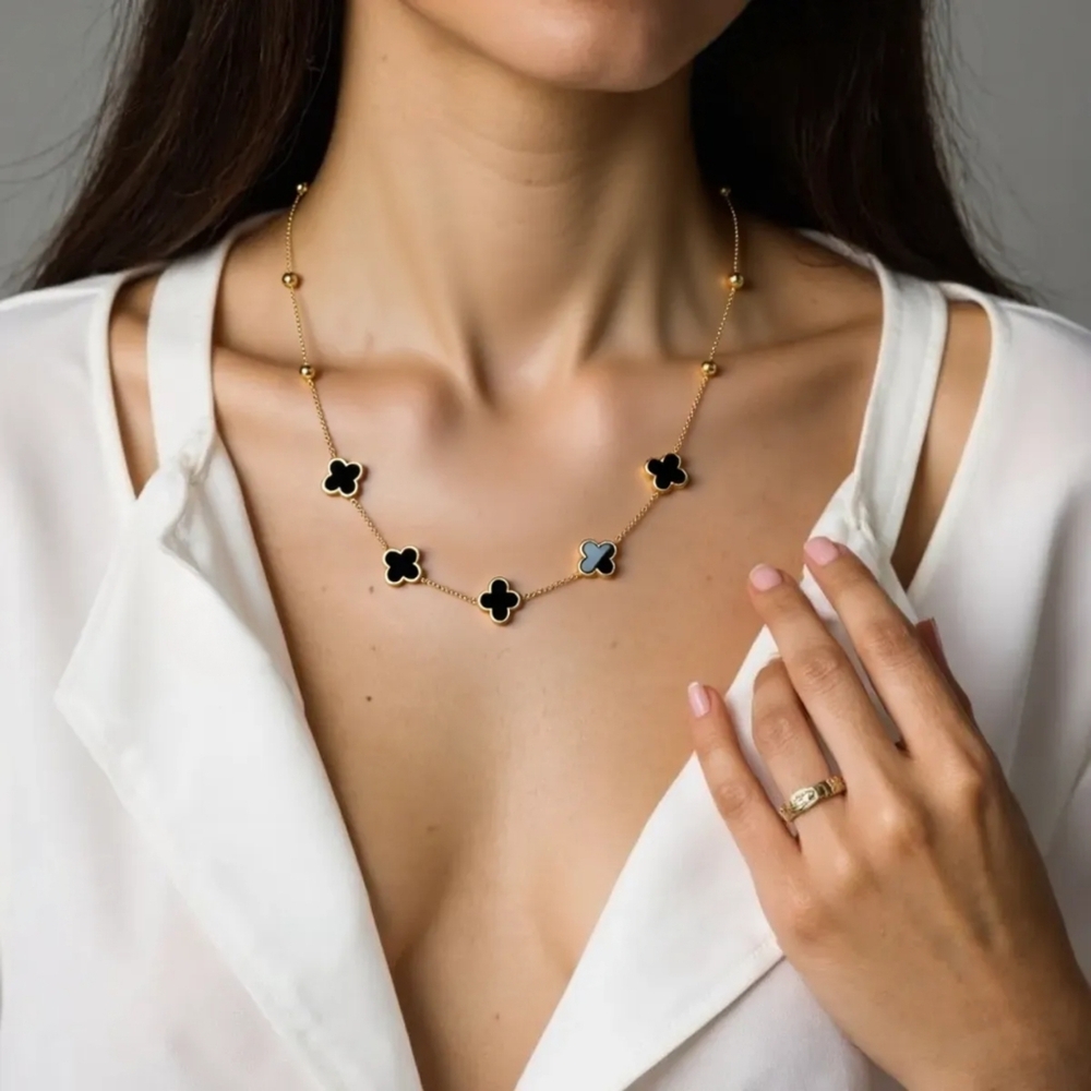 Onyx Black Clover Charm Necklace Handmade